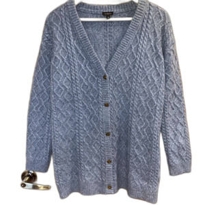 Talbots Women's Medium Wool Alpaca Blend Chunky Knit Blue Button Up Cardigan